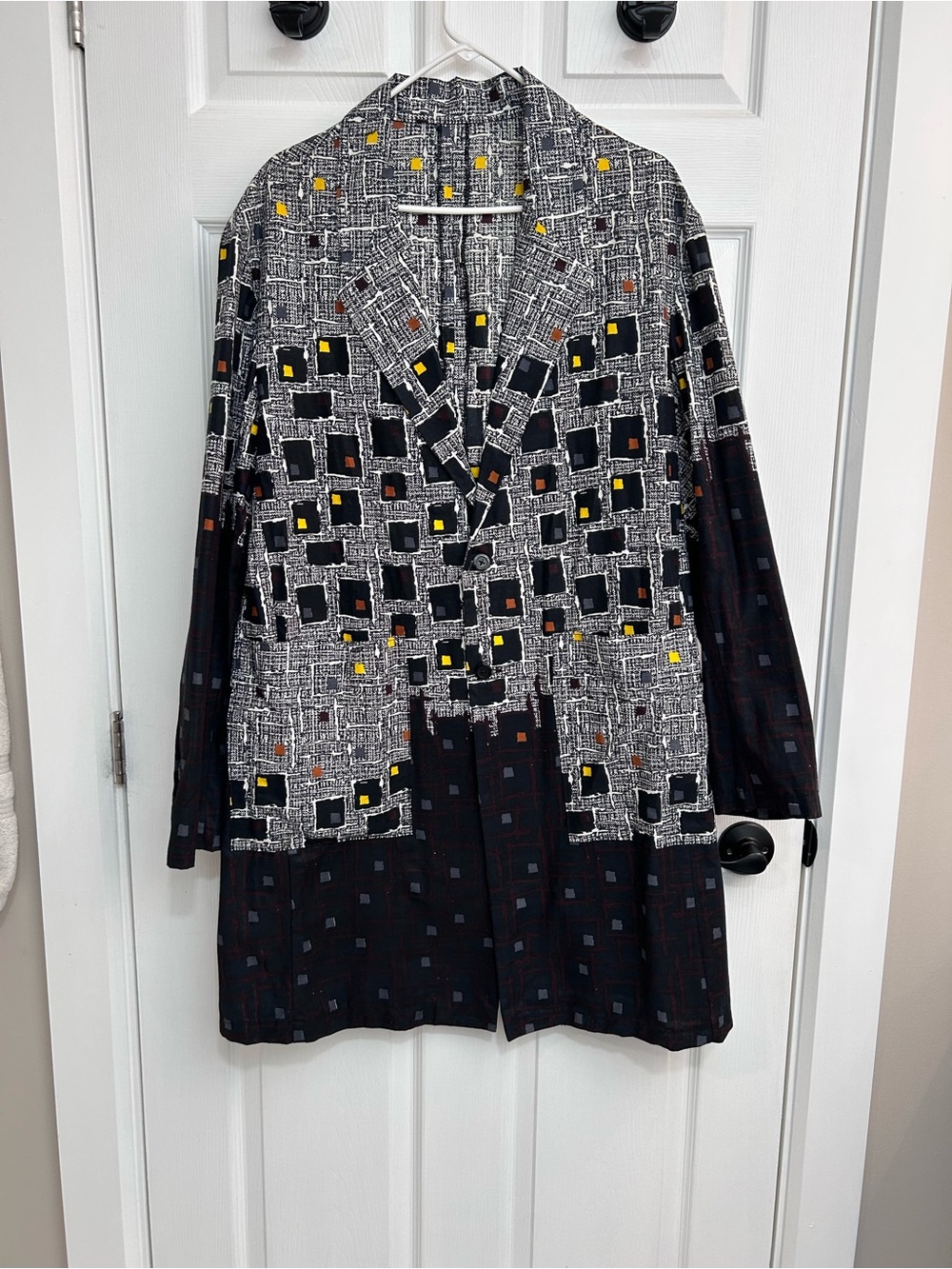 Black and White Geometric Long Blazer Jacket with Yellow Accents